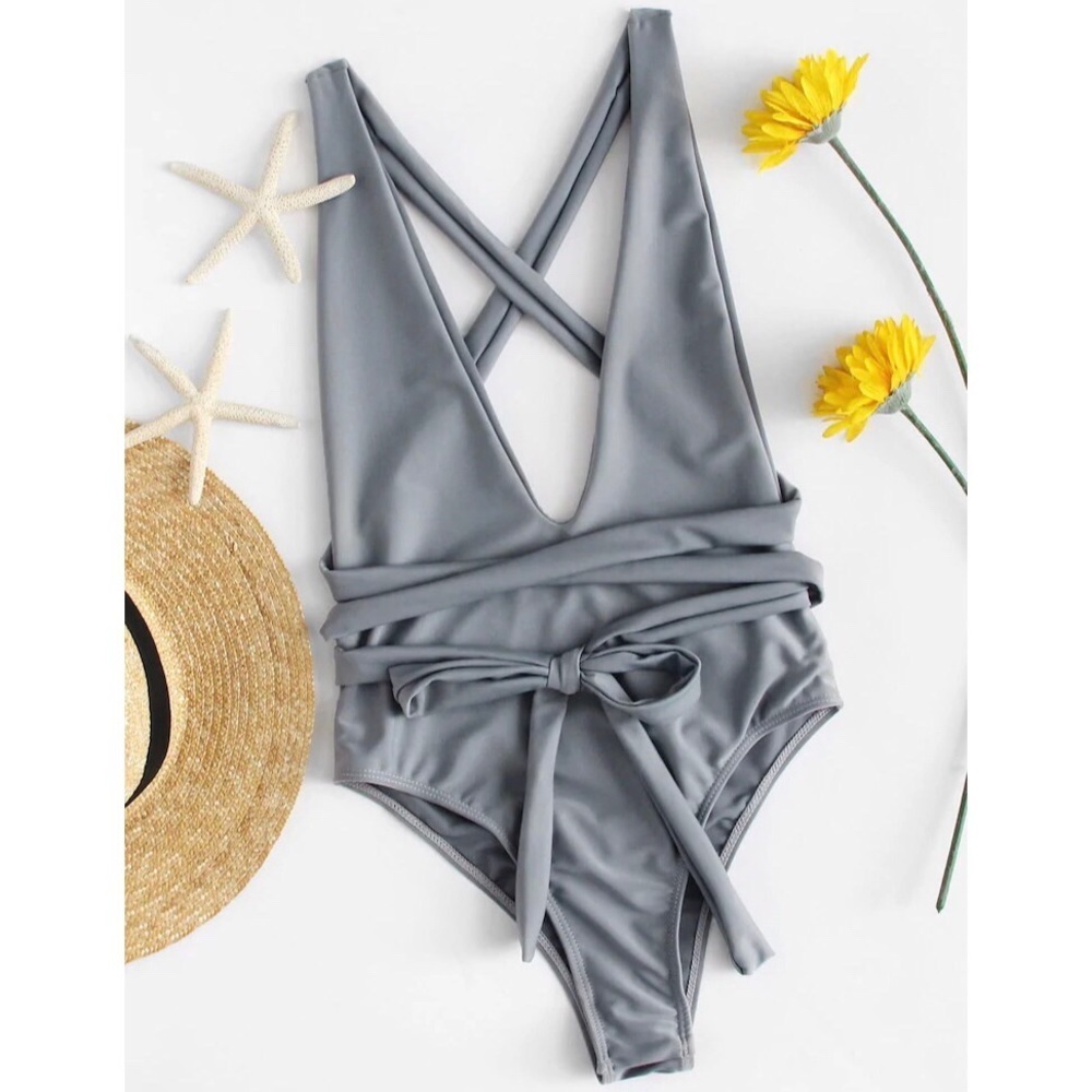SHEIN Grey Self Tie High Leg Plunging Monokini One Piece Swimsuit XL